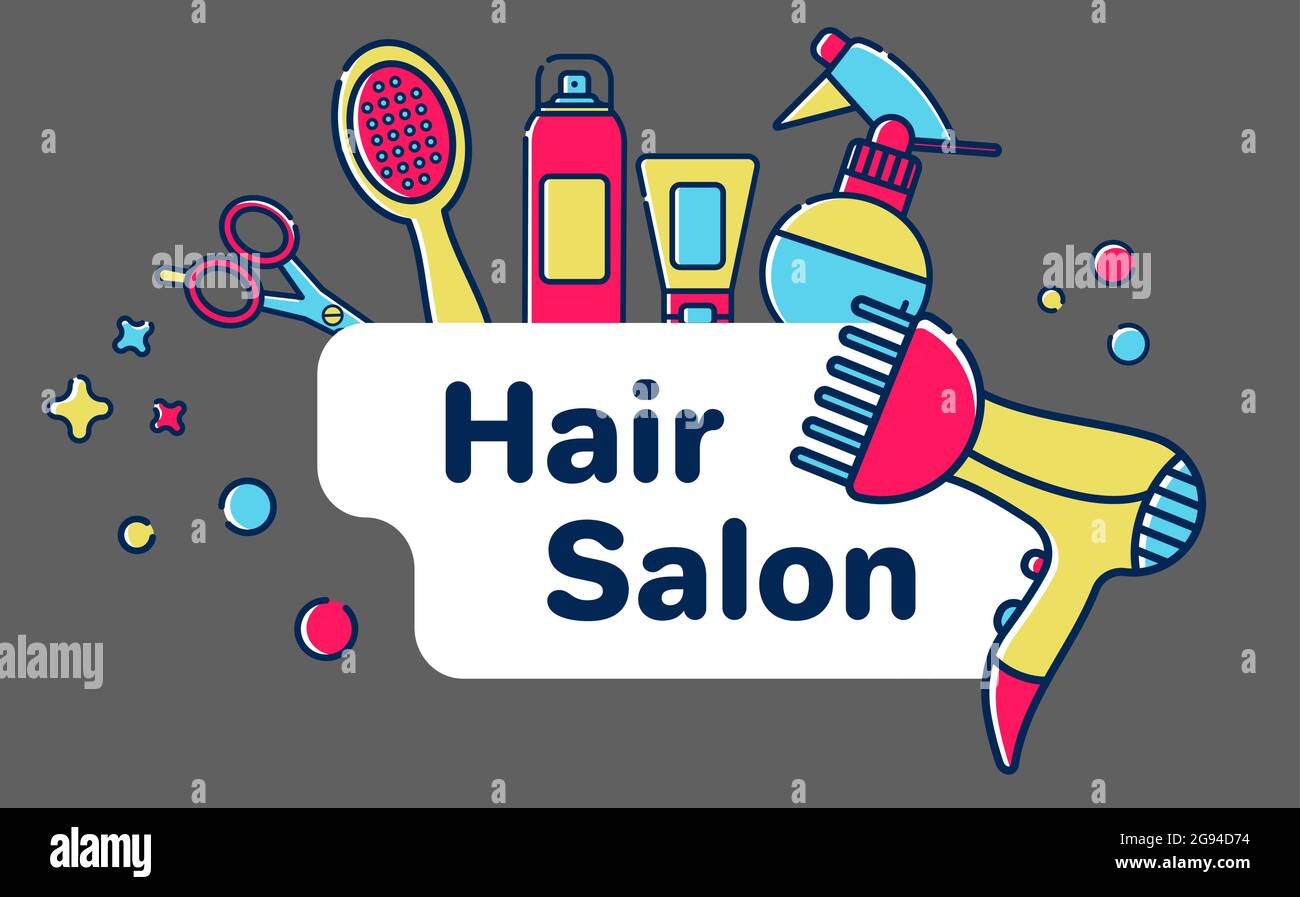Symbole für Friseurladen. Werkzeuge für den Meister im Schönheitssalon. Kamm für Haar, Haartrockner, Schere, Shampoo. Vorlage für Grußkarte oder Grußkarte Stock Vektor