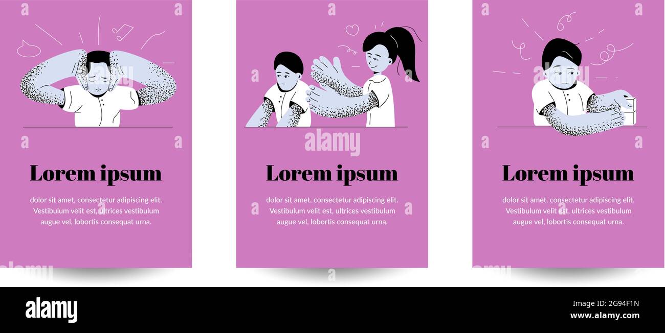 Autismus. Frühe Anzeichen eines Autismus-Syndroms bei Kindern. Anzeichen und Symptome von Autismus bei einem Kind. Vektor-Set mit flachen Illustrationen Stock Vektor