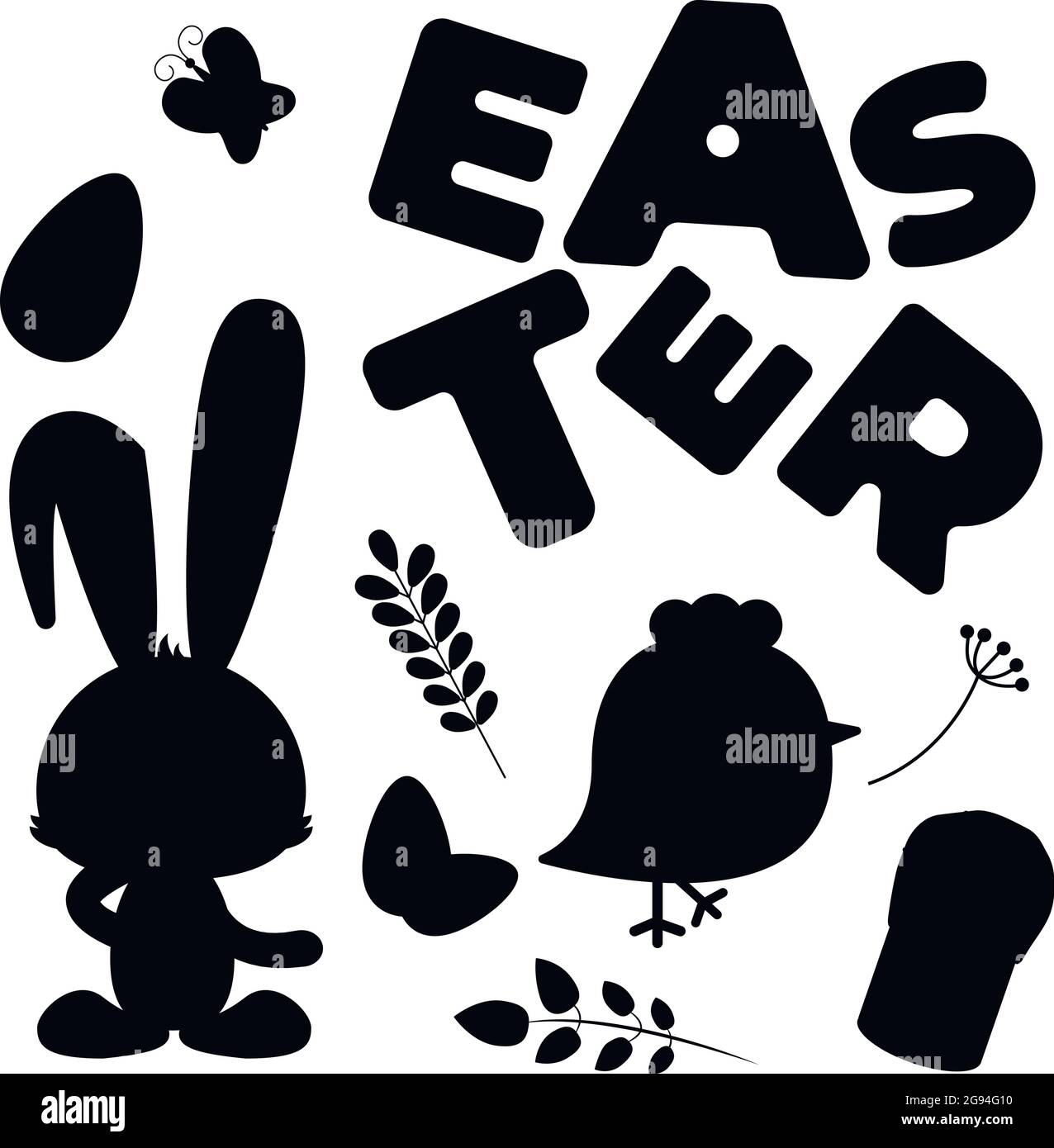 Vektor-Set von Elementen und Sticker auf Ostern Thema. Tiere und Flora, Briefe Silhouetten von Tieren, Blumen und Briefe Stock Vektor