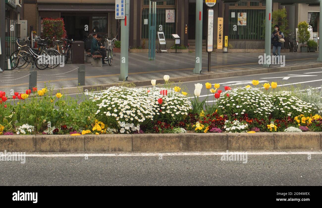 Blumenschmuck auf einer zentralen Straße in Tokio Stockfoto