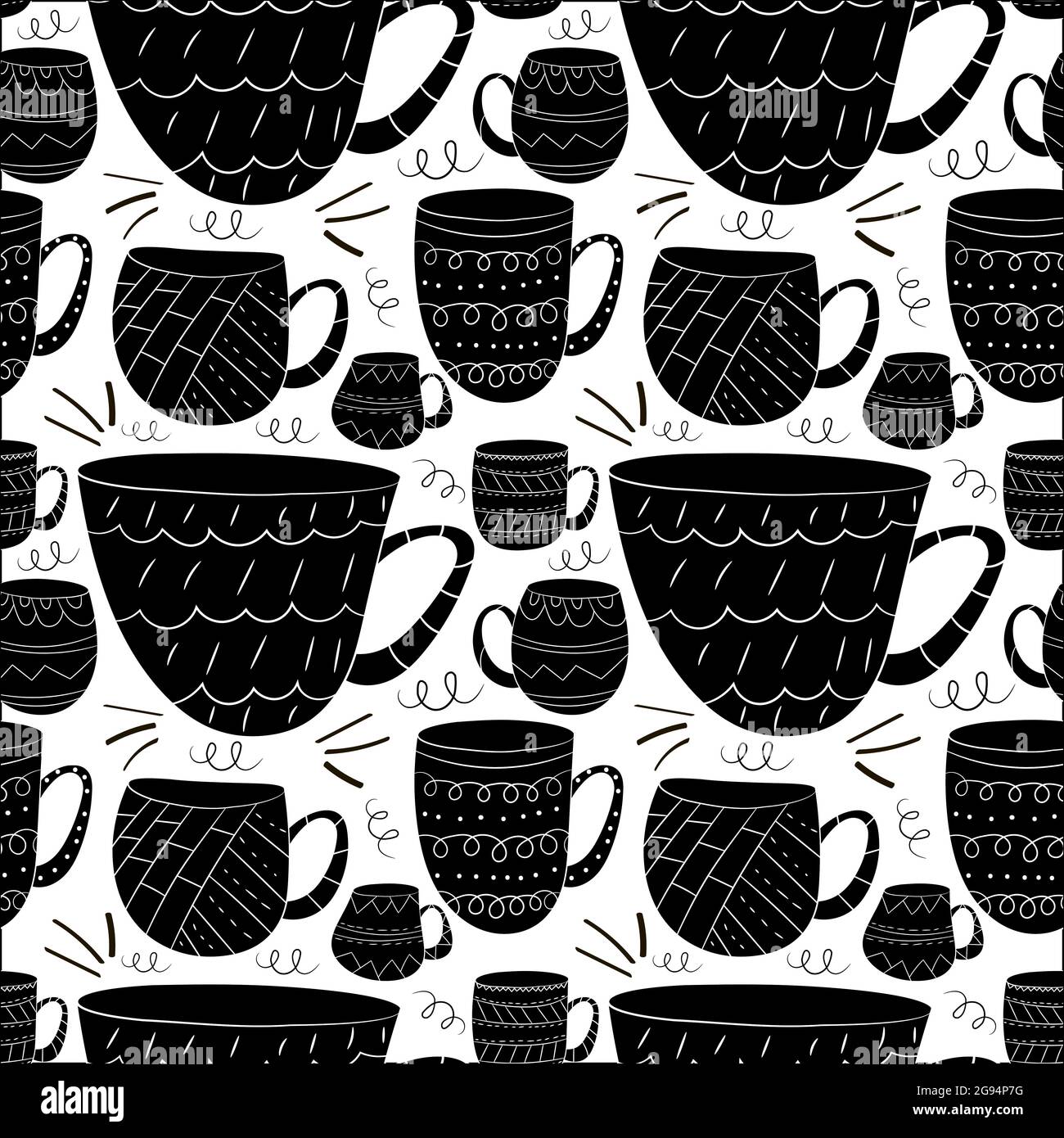 Vektor nahtloses Muster von Tassen Kaffee, Tee, Milch im skandinavischen Stil. Verwendet für Tapeten, Hintergründe, Geschenkpapier Stock Vektor