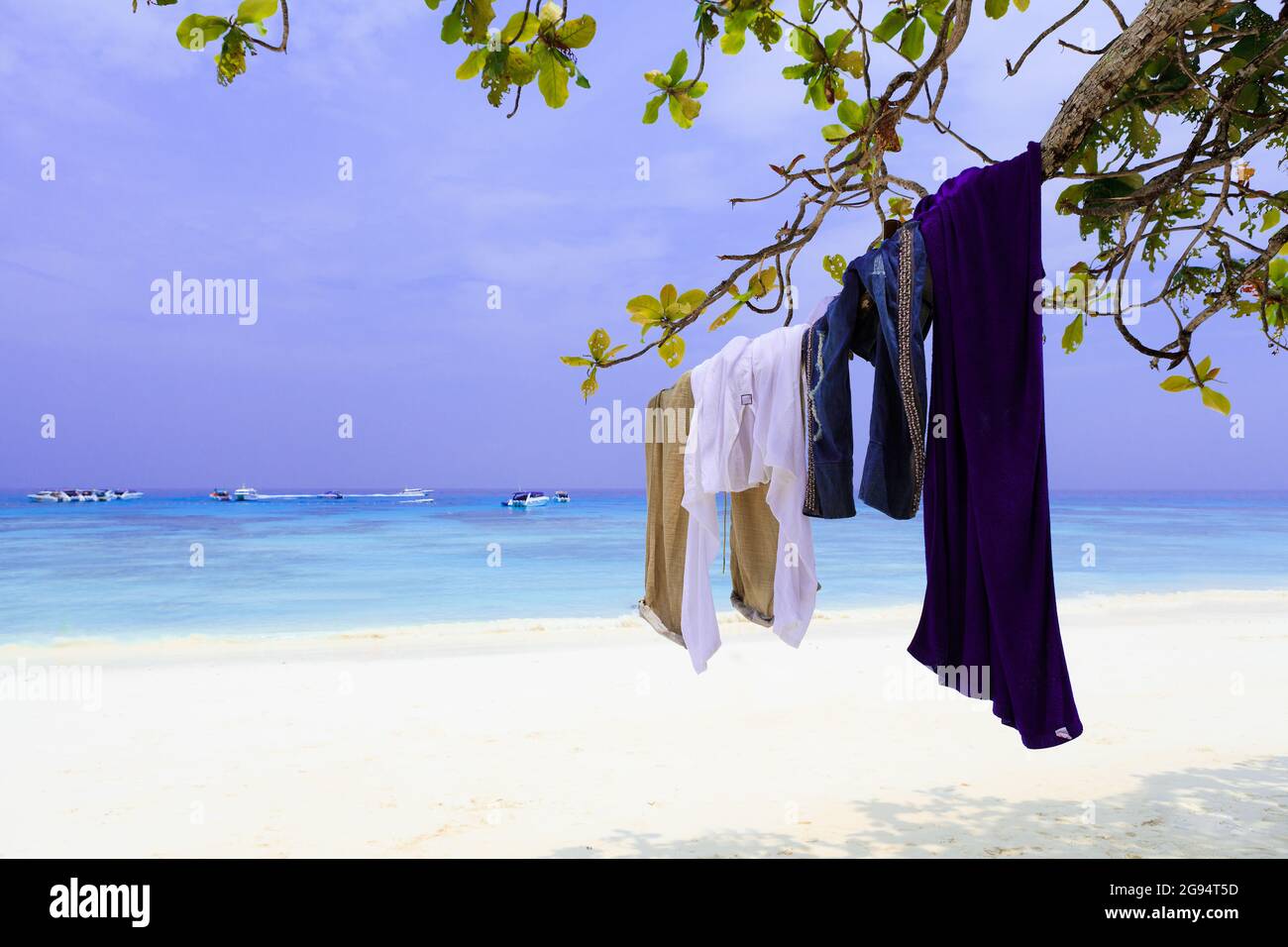 Kleidung des Tourismus hängen an Baum Zweig, Strand im Süden von Thailand Stockfoto