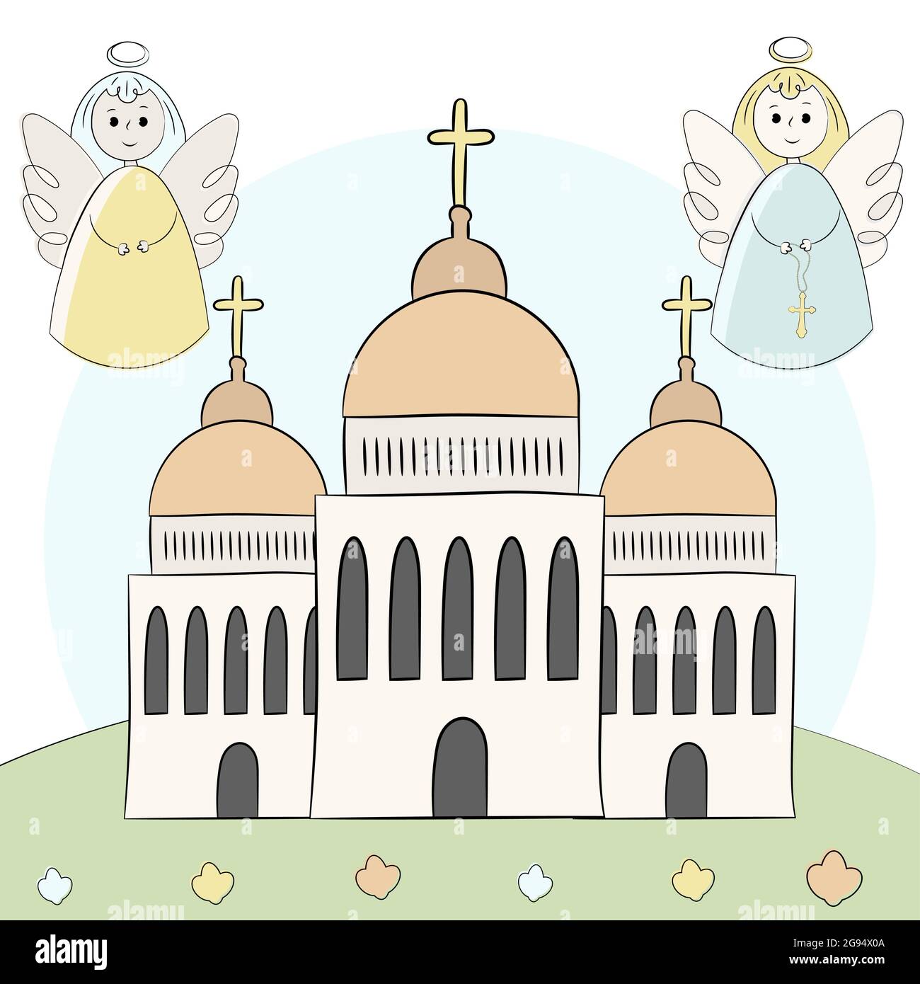 Vector Kirche, Tempel, Kapelle mit Kuppeln und Kreuzen. Religion ist Christentum, Taufe. Schönes Gebäude auf einem Hintergrund der Natur. Eine Abbildung Stock Vektor