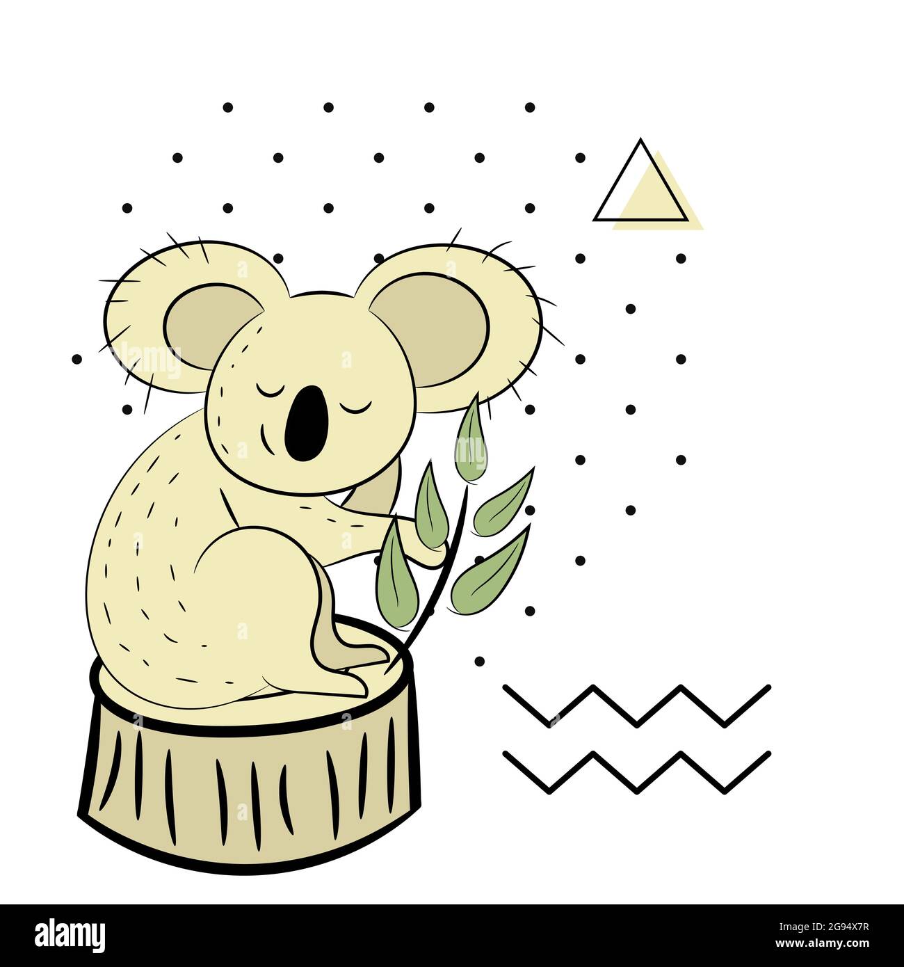 Koala, eine handgezeichnete Vektordarstellung eines niedlichen Koala, der Koala, der weißen Linie und der Hintergrundbäume. Stock Vektor