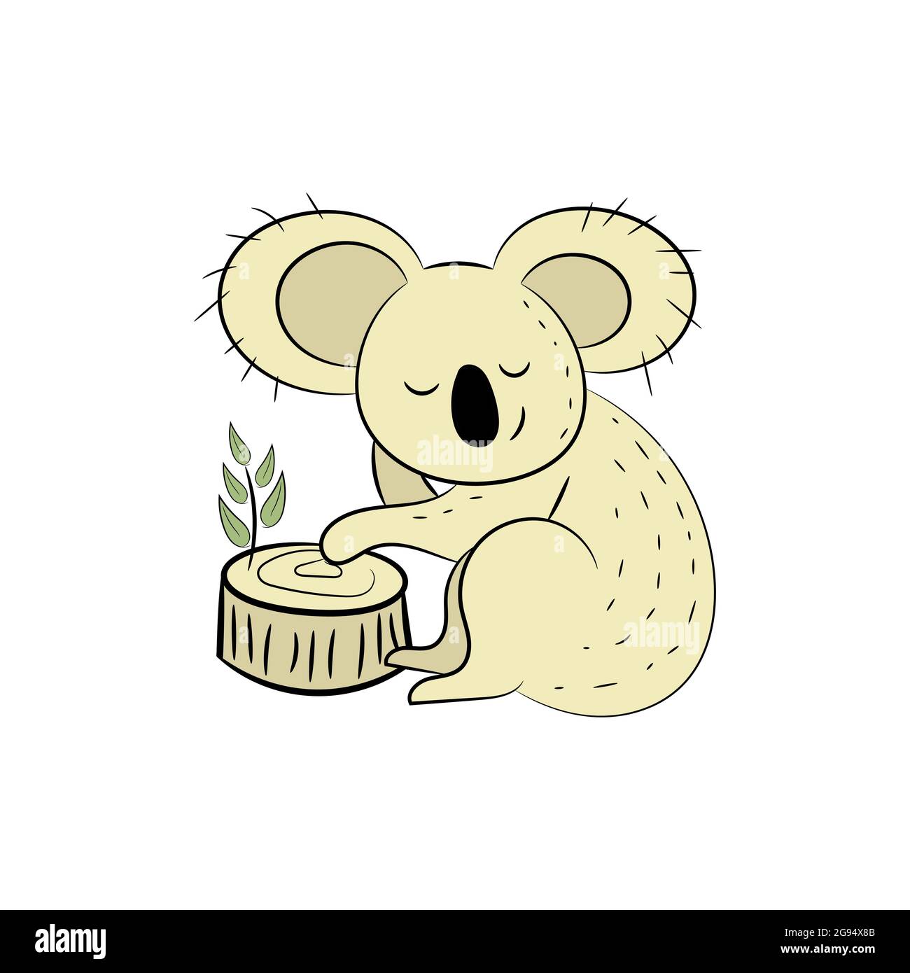 Koala, eine handgezeichnete Vektordarstellung eines niedlichen Koala, der Koala, der weißen Linie und der Hintergrundbäume. Stock Vektor