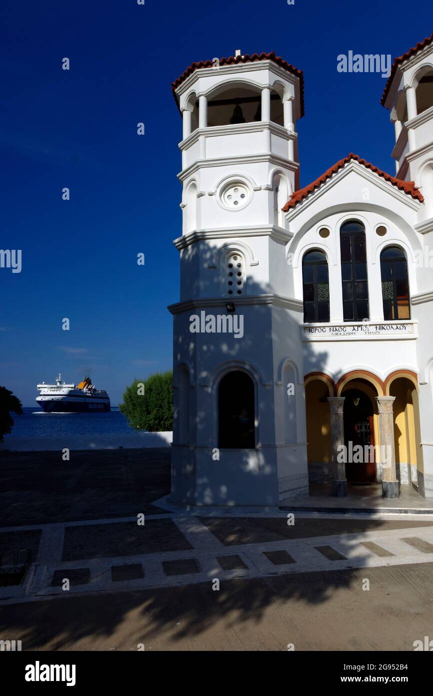 Agios Nikolaos Kirche, Livadia, Tilos, Dodekanes Inseln, Südägäis, Griechenland. Stockfoto