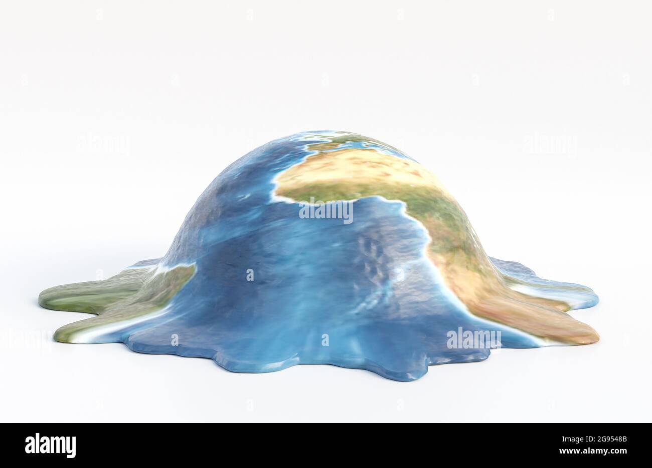 Die Erde schmilzt auf weißem Hintergrund mit dem Konzept der globalen Erwärmung, 3D-Modell und Illustration. Stockfoto