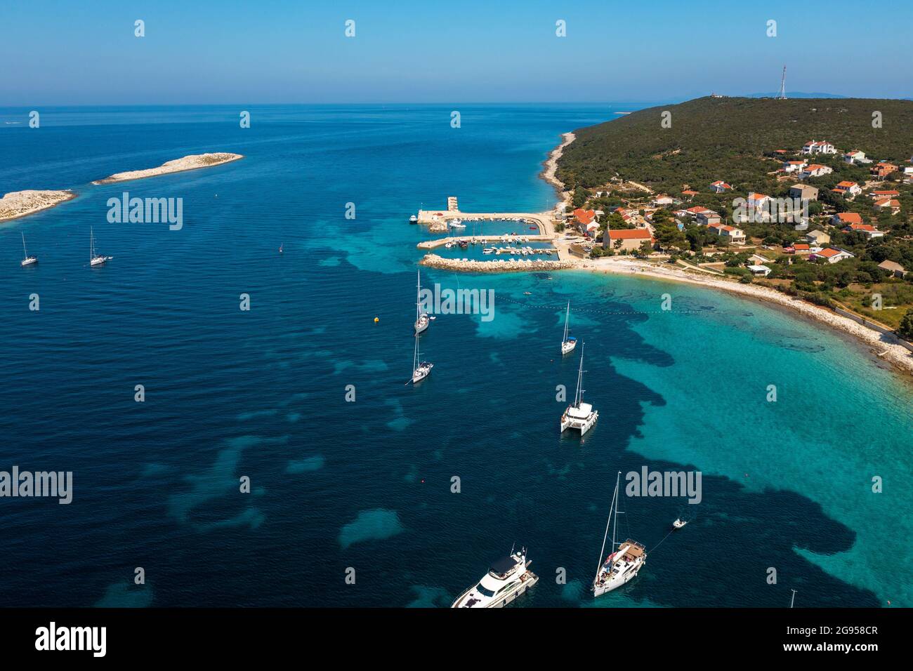 Luftaufnahme der Insel Premuda, der Adria in Kroatien Stockfotografie