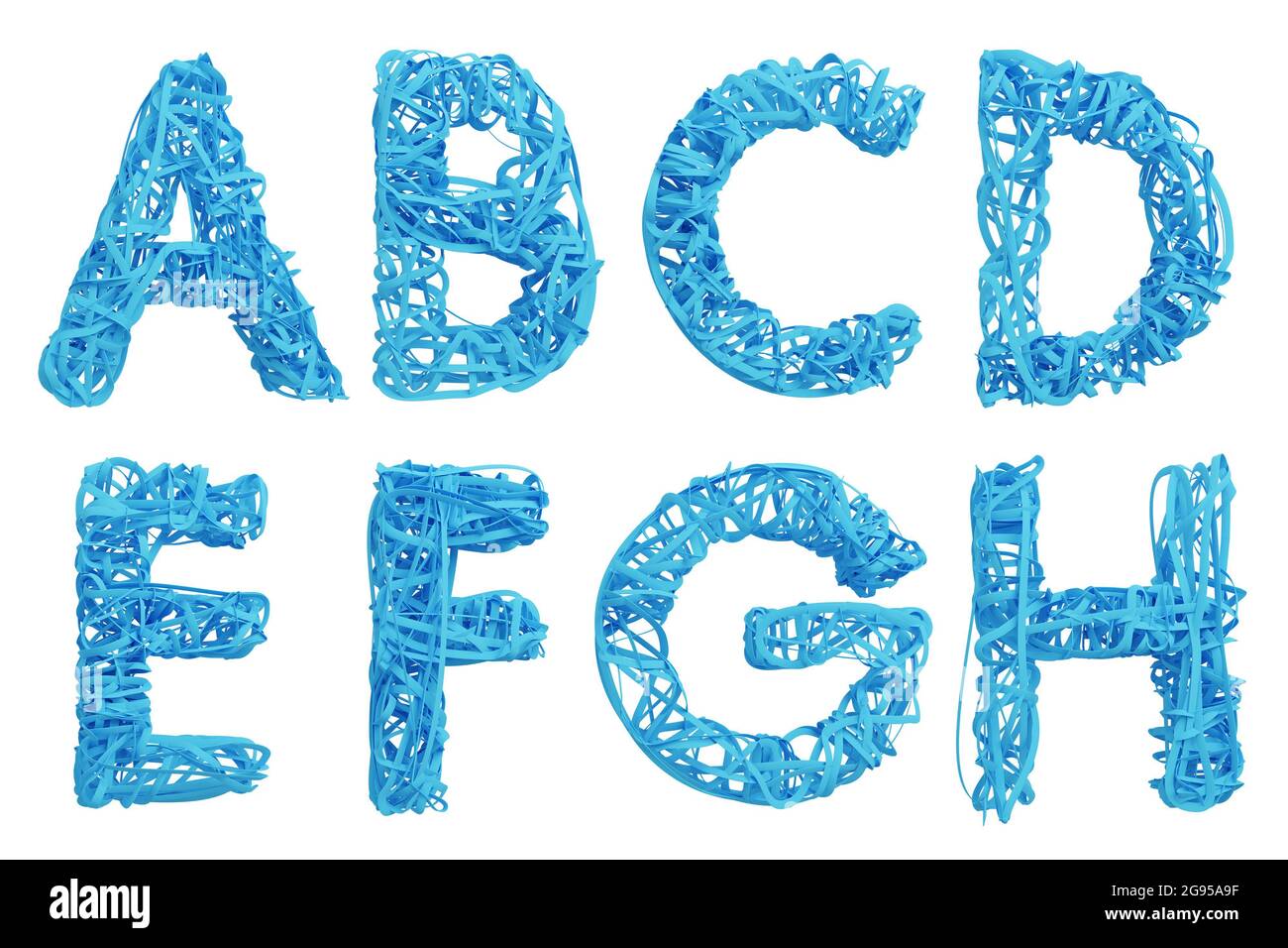 Schriftart im Papierbandstil auf weißem Hintergrund mit Beschneidungspfad. 3D-Modell und Illustration. Stockfoto