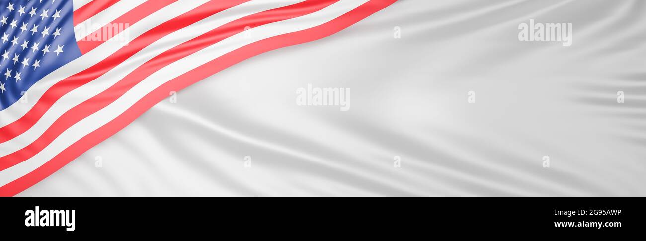 Schöne amerikanische Flagge Welle Nahaufnahme auf weißem Seidenbanner Hintergrund mit Kopierraum., 3d-Modell und Illustration. Stockfoto