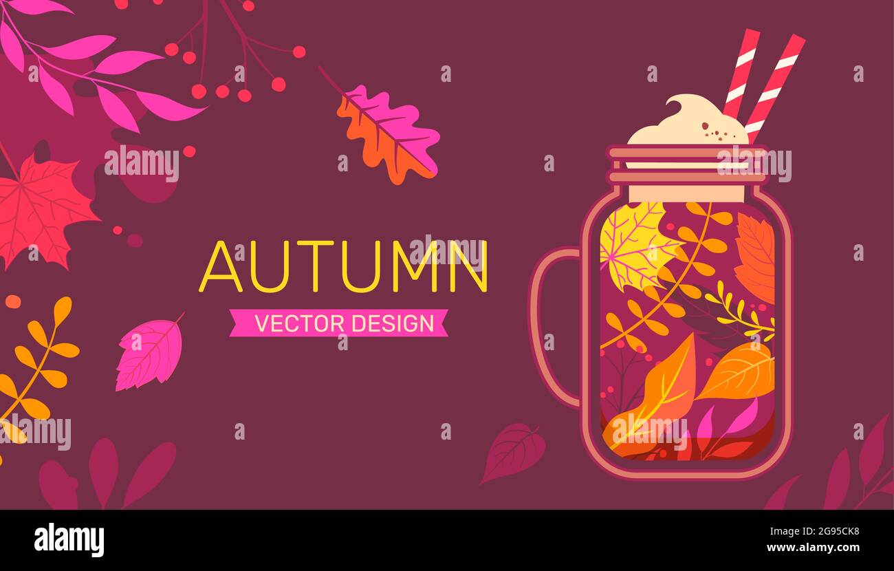 Herbstbanner mit Herbstblättern und süßem Getränk. Stock Vektor