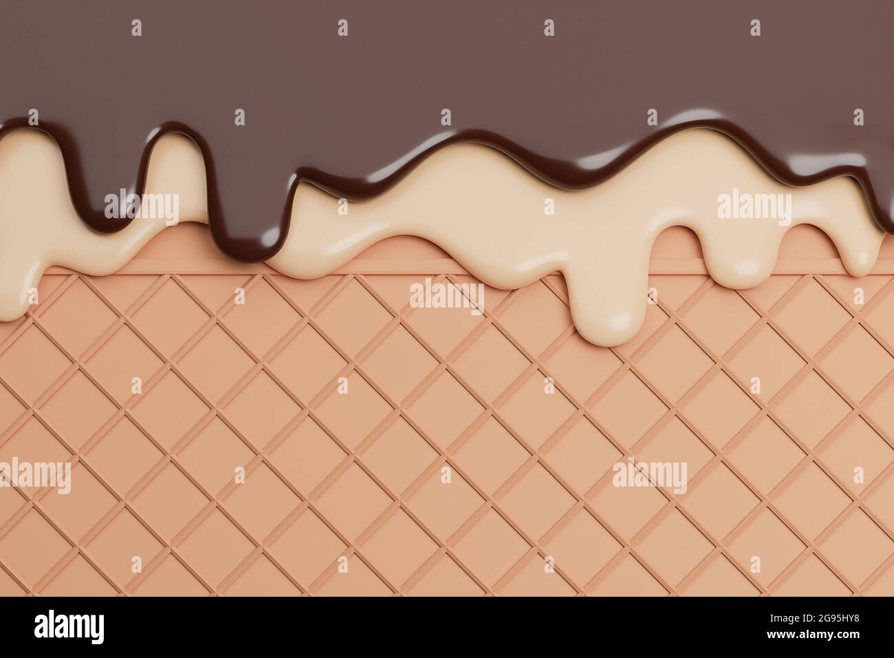 Schokolade und Vanille Eis geschmolzen auf Wafer Hintergrund., 3d-Modell und Illustration. Stockfoto