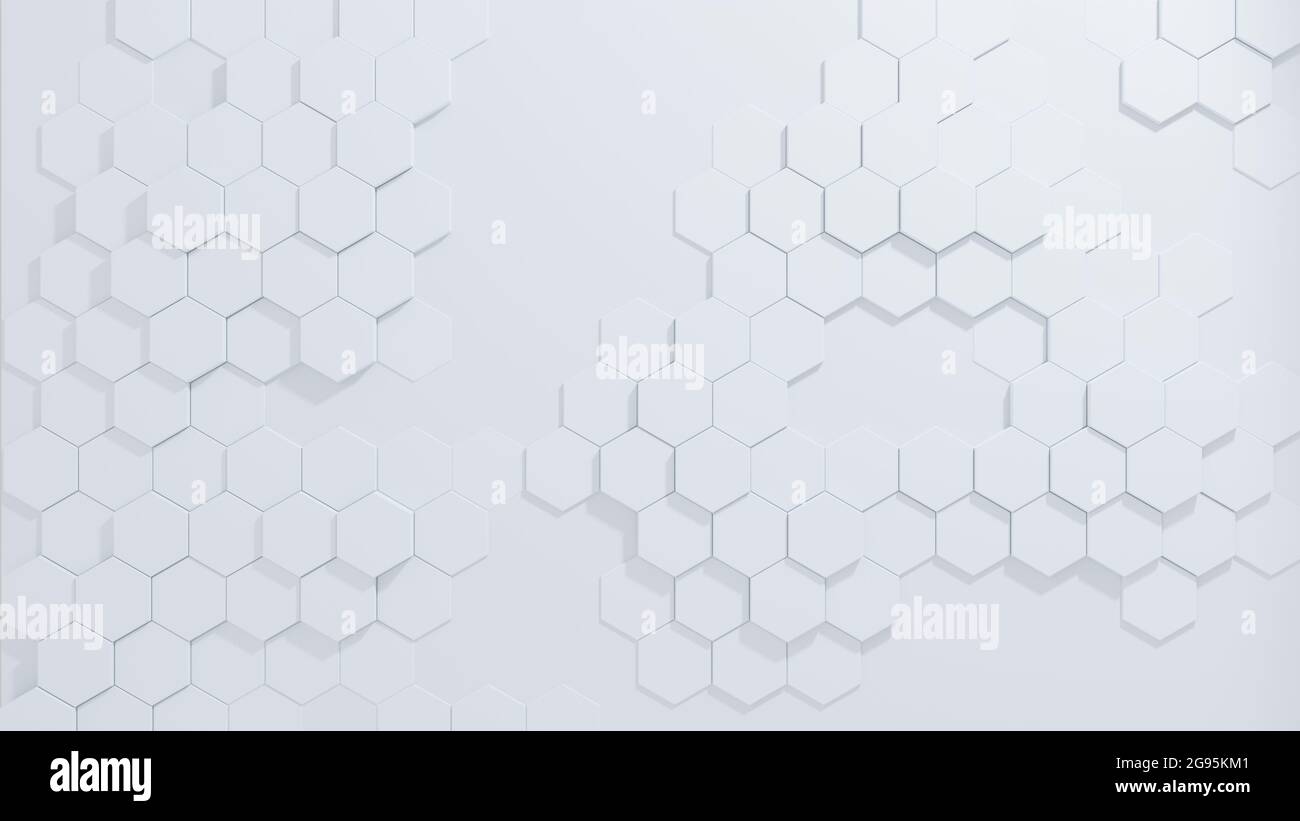 Zufällige weiße Sechsecke geometrisch, Wabe, auf weißem Hintergrund. Abstraktes 3D-Rendering im Hintergrund. Stockfoto