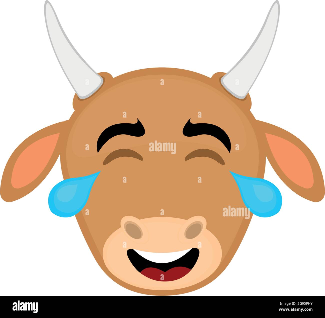 Vector Emoticon Illustration Cartoon einer Kuh´s Kopf mit einem glücklichen Ausdruck, Augen geschlossen und Tränen der Freude Stock Vektor