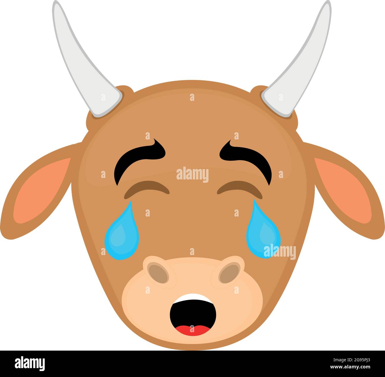 Vector Emoticon Illustration eines Cartoon Kuh Gesicht mit einem traurigen Ausdruck und weinen mit Tränen fallen aus den Augen Stock Vektor