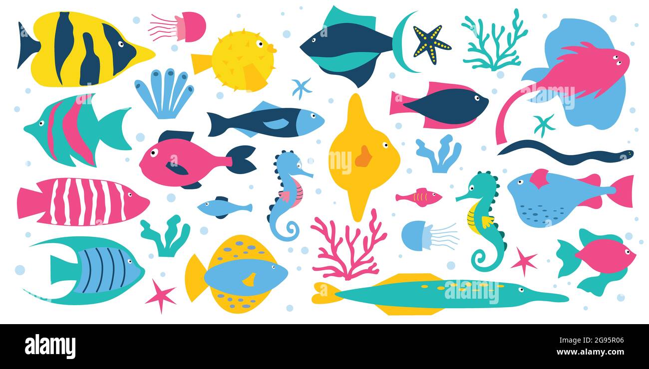 Set von Meeresfischen, Korallen und Algen. Isolierter weißer Hintergrund. Satz aus flacher Abbildung. Vektor. Stockfoto