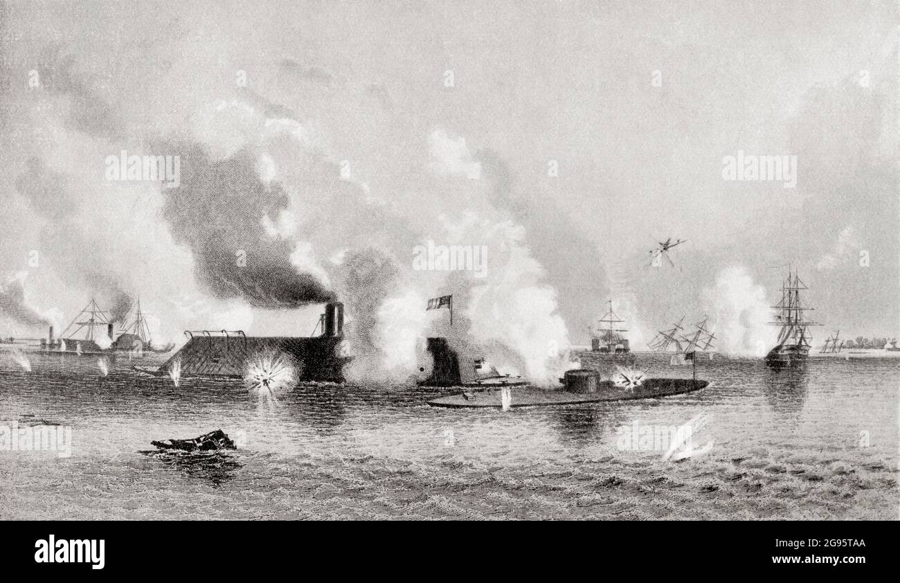 Bombardierung und Eroberung der Insel Nummer zehn auf dem Mississippi, Vereinigte Staaten von Amerika, 7. April 1862 während des amerikanischen Bürgerkrieges. Stockfoto