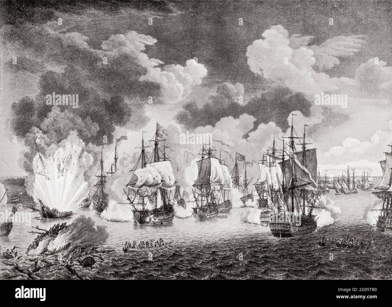 Die Zerstörung der türkischen Flotte in der Ägäis durch die Russen in der Seeschlacht von chesme, 7. Juli 1770, während des russisch-türkischen Krieges (1768–1774). Stockfoto