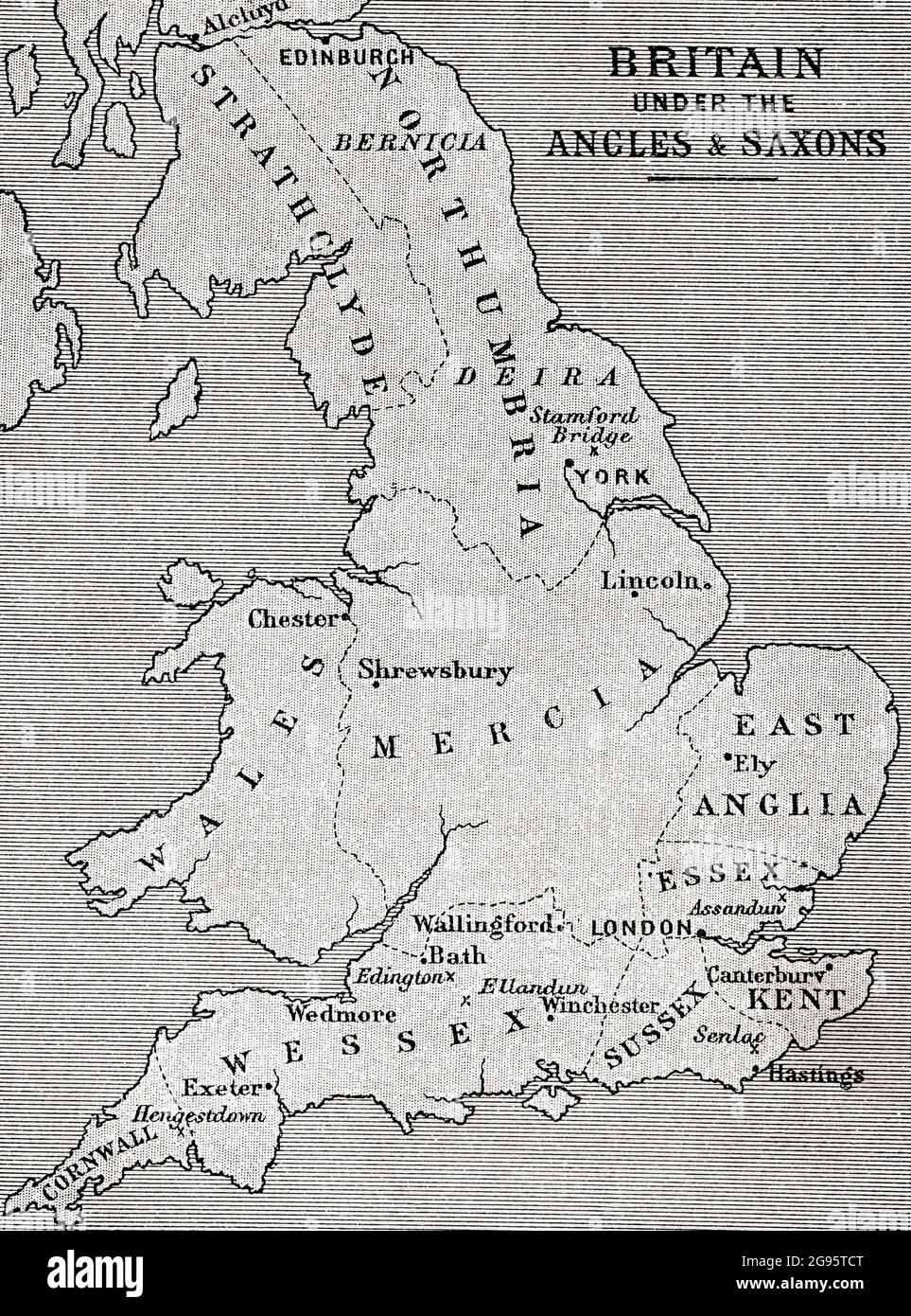 Karte von Großbritannien unter den Winkeln und Sachsen. From History of England, 55B.C. to the Present time, veröffentlicht 1907. Stockfoto