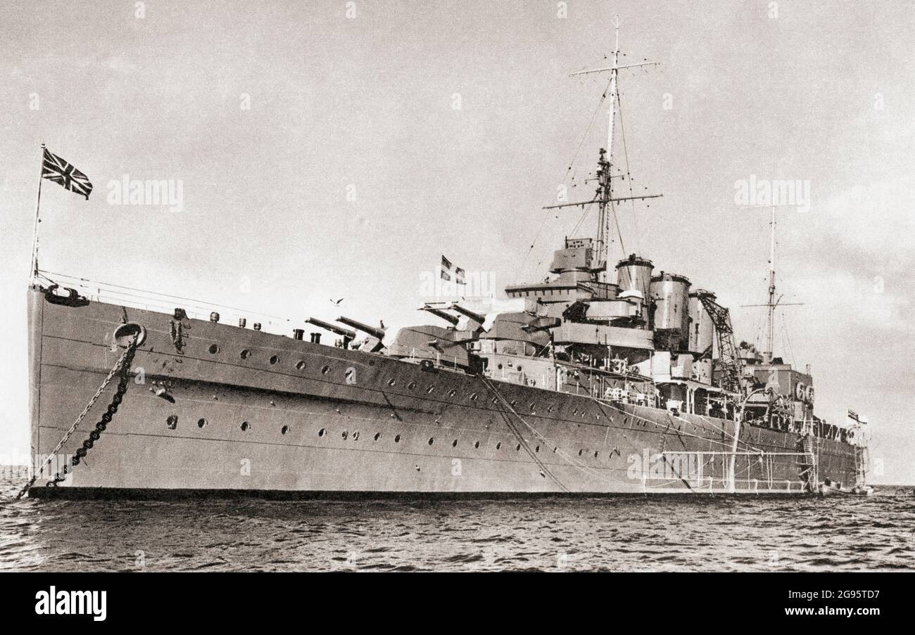HMS Cornwall, Wimpel Nummer 56, ein schwerer Kreuzer der Kent-Unterklasse in der County-Klasse. Sie wurde während des Angriffs auf den Indischen Ozean, alias Operation C oder Battle of Ceylon, versenkt. Von British Warships, veröffentlicht 1940 Stockfoto