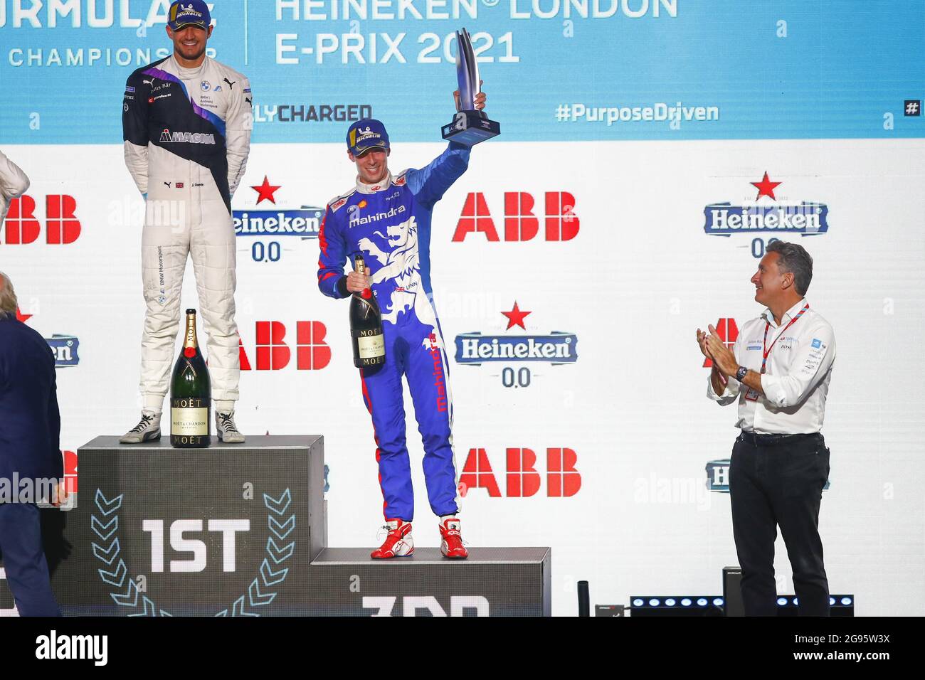 LYNN Alexandre (gbr), Mahindra Racing, Mahinda M7Electro, Portrait feiert seinen dritten Platz auf dem Podium während des London ePrix 2021, 7. Treffen der Formel-E-Weltmeisterschaft 2020-21, auf dem Excel London vom 24. Bis 25. Juli, in London, Großbritannien - Foto Xavi Bonilla / DPPI Stockfoto