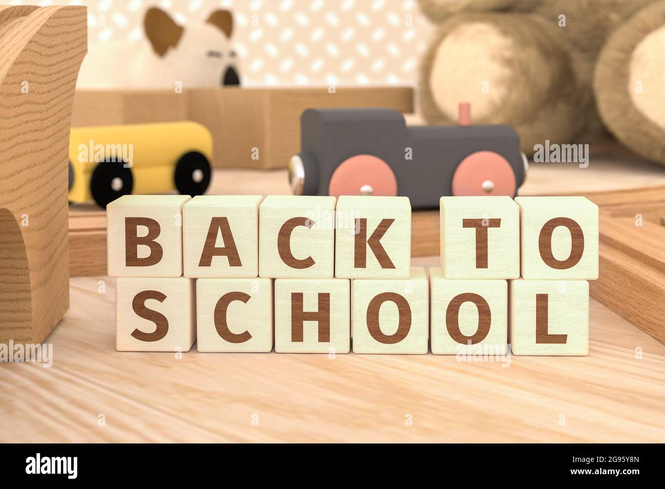 Gestapelte Holzspielzeugblöcke bilden die Worte „Back to School“ in einem Kinderzimmer inmitten von Spielzeug. Die Schulen werden nach den Sommerferien wieder eröffnet. Stockfoto