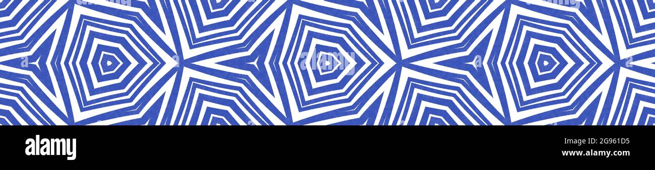 Arabeske Hand gezeichnet nahtlose Grenze. Indigo symmetrische Kaleidoskop Hintergrund. Ungewöhnliche dekorative Design-Element für Hintergrund. Orientalisches Arabesque Stockfoto