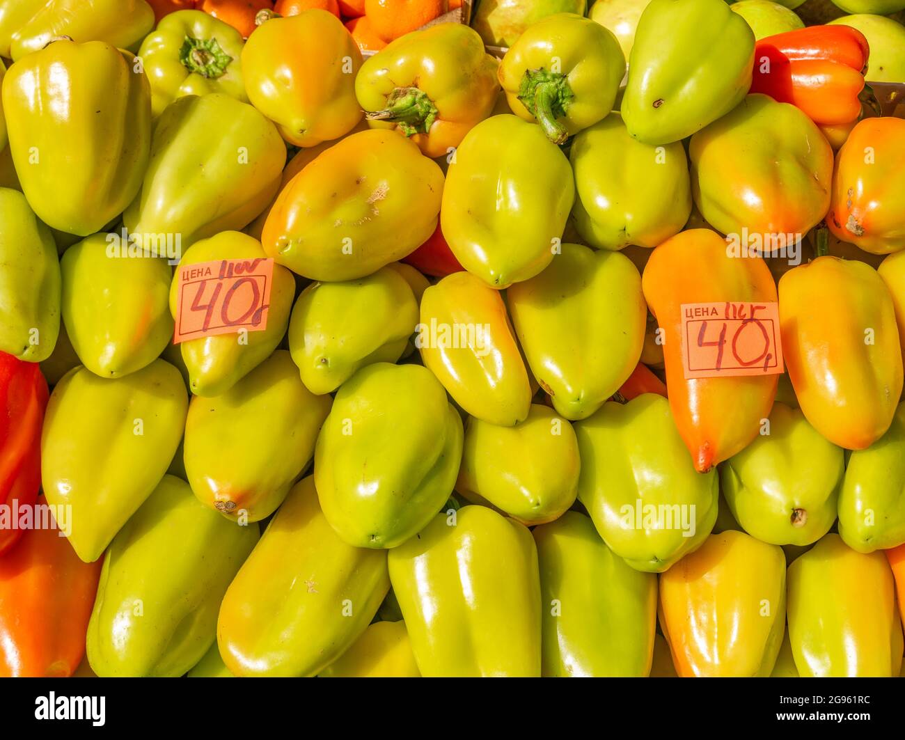 Frische gelb-grün-rote Paprika wurden auf dem Sennoy-Markt, dem billigsten in St. Petersburg, Russland, zu einem Preis von 40 Rubel pro Kilo oder 5 US-Dollar verkauft Stockfoto