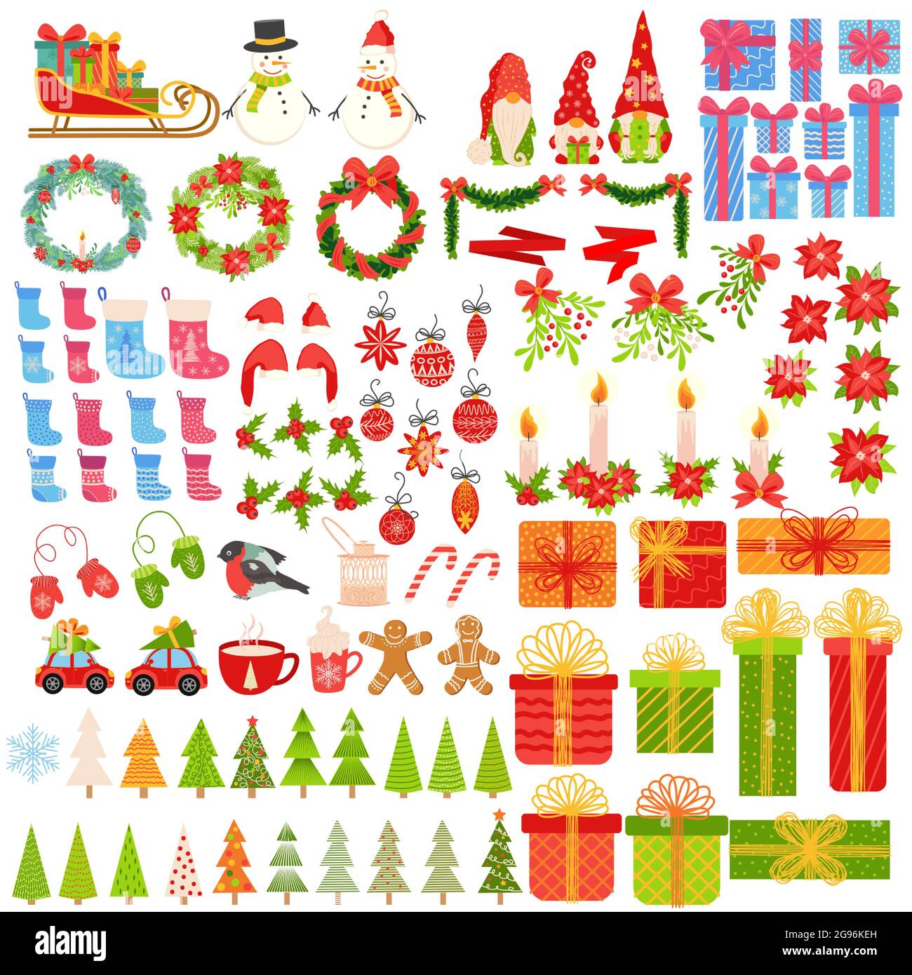 Großes Set von Weihnachtselementen von Hand gezeichnet. Geschenke, Strümpfe, Weihnachtsbäume, Gnome, Bonbons, Mistel, Kränze und andere Symbole des neuen Jahres und Stock Vektor