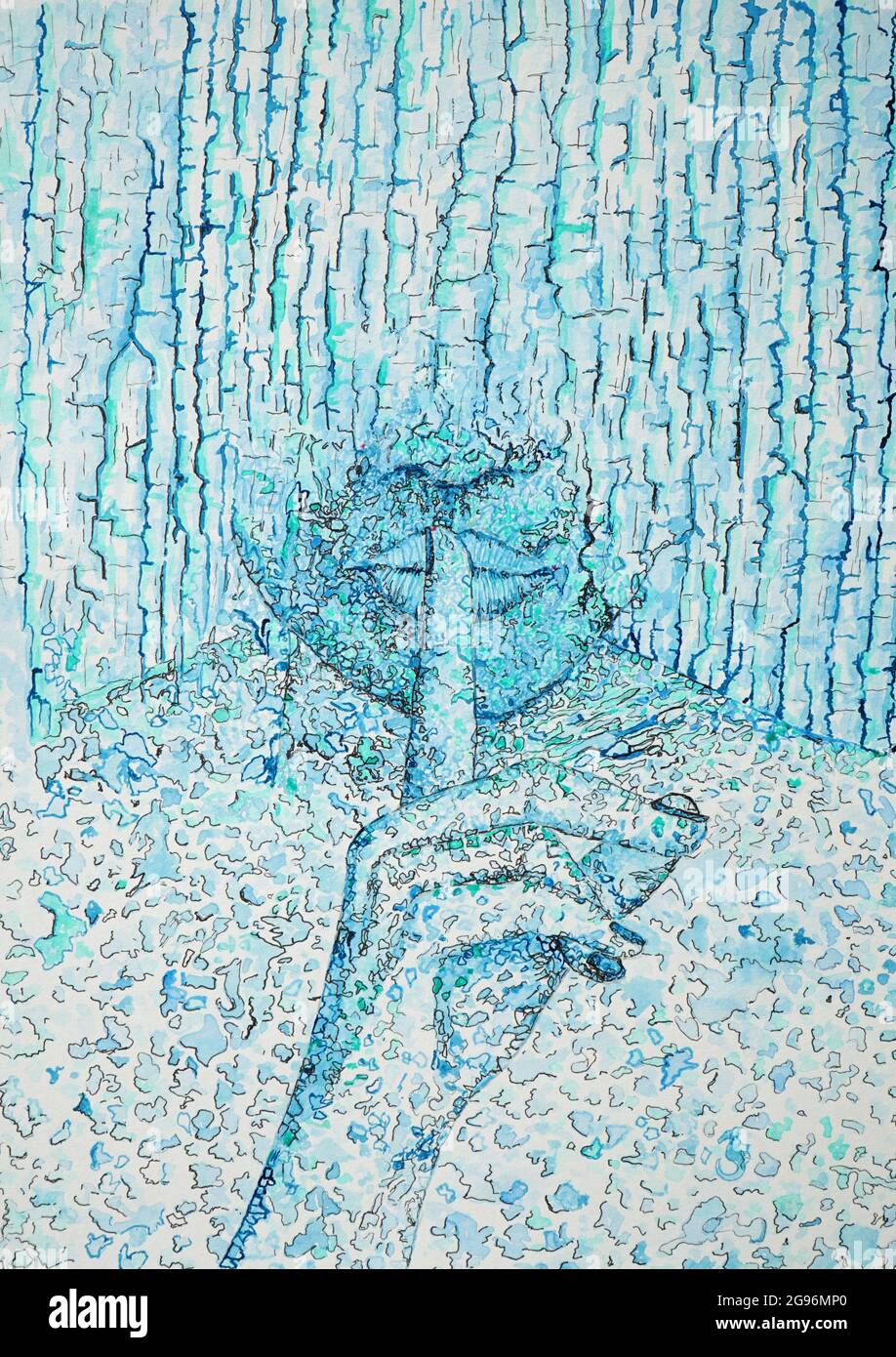 Abstraktes Gemälde von Handlippen und Chin mit blauer Strukturierung Stockfoto