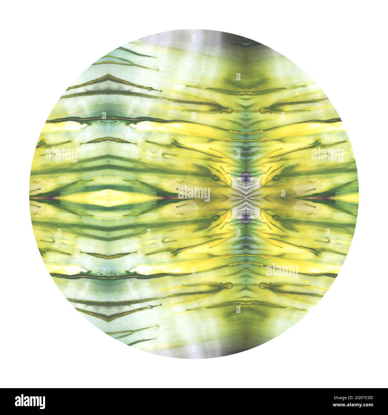 Gelbe und green Aquarell runde Kreisstruktur isoliert auf weißem Hintergrund mit glatten Kanten. Leeres mehrfarbig lackiertes Designelement. Zusammenfassung Stockfoto