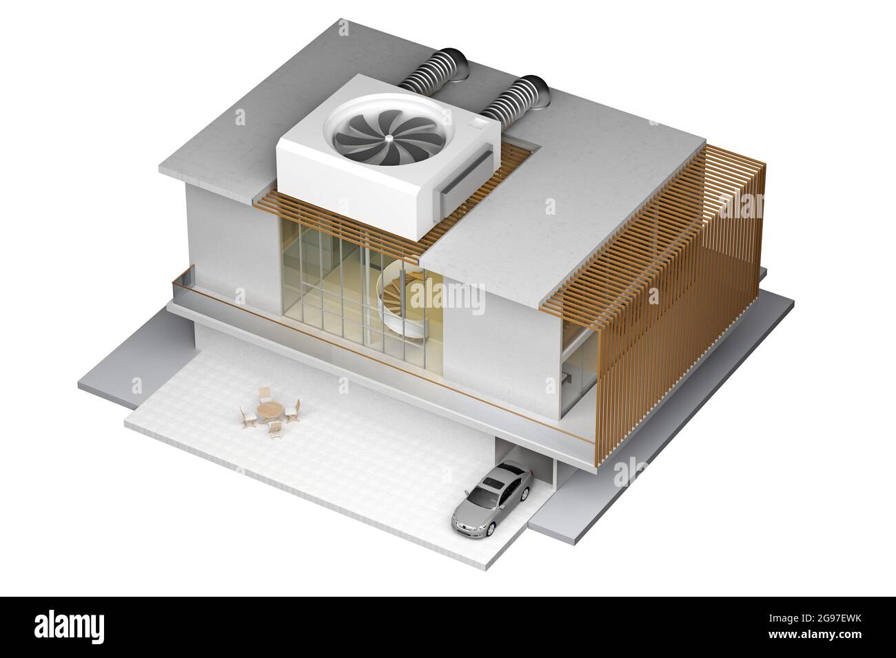 Privates Hausgebäude mit großer, weiß isolierter Dachklimaanlage. 3d-Rendering Stockfoto Privates Hausgebäude mit großer, weiß isolierter Dachklimaanlage. 3d-Rendering Stockfoto