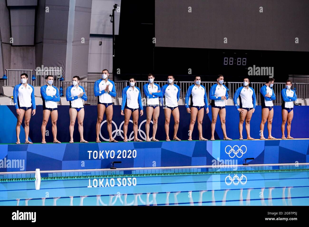 TOKIO, JAPAN - 25. JULI: Team Griechenland während des Olympischen Wasserball-Turniers 2020 in Tokio am 25. Juli 2021 im Tatsumi Waterpolo Center in Tokio, Japan (Foto: Marcel ter Bals/Orange Picles) Stockfoto