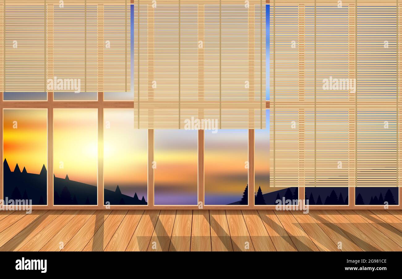Bambusvorhang an den Holzfenstern im Holzhaus am Berg am Morgen Stock Vektor