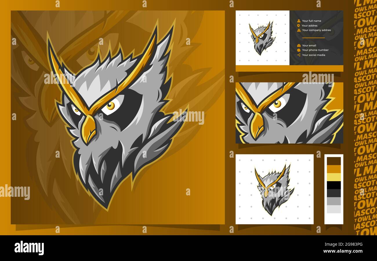 Eule Kopf Maskottchen, Emblem Logo Vorlage mit Visitenkarte und nahtlose Musterelemente auf Gradienten Hintergrund isoliert Stock Vektor