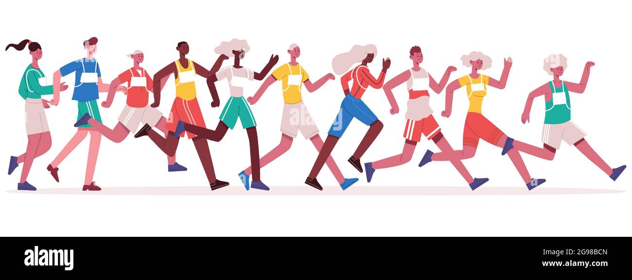 Marathonläufer. Jogging Athleten Gruppe, Sprinting Männer und Frauen isoliert Vektor-Illustration. Marathon-Rennen Stock Vektor