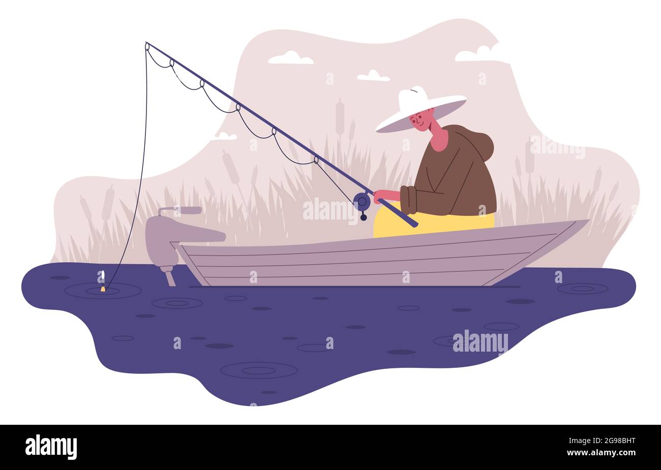 Fischer fischen im Boot. Männliche Outdoor-Aktivität, Fischer-Charakter mit Rute wartet auf Fische beißen Vektor-Illustration-Set. Angelsport Stock Vektor