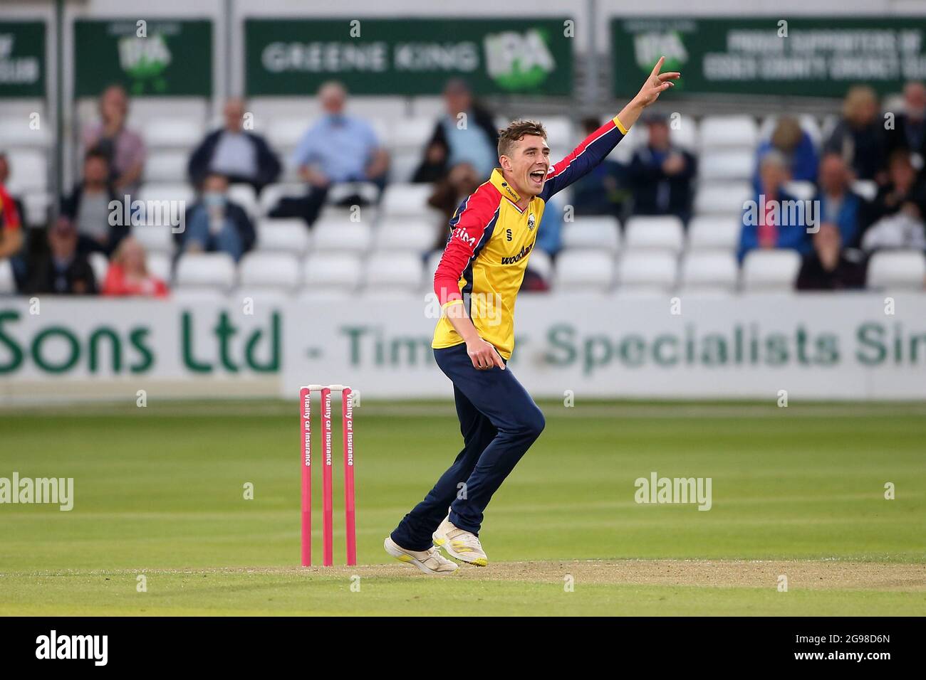Dan Lawrence von Essex feiert die Einnahme des Wickels von Alex Blake während Essex Eagles vs Kent Spitfires, Vitality Blast T20 Cricket im Cloudfm Coun Stockfoto