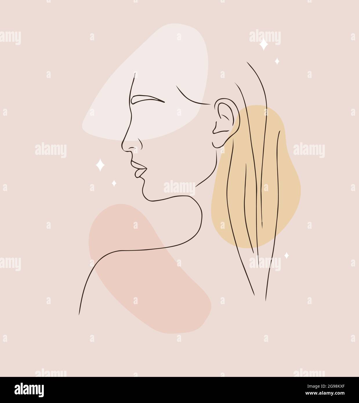 Make-up oder Frisur Konzept. Abstraktes Frauenporträt auf beigefarbenem Hintergrund mit verschiedenen Formen. Vektor-Illustration im trendigen linearen Stil. Logo für Stock Vektor