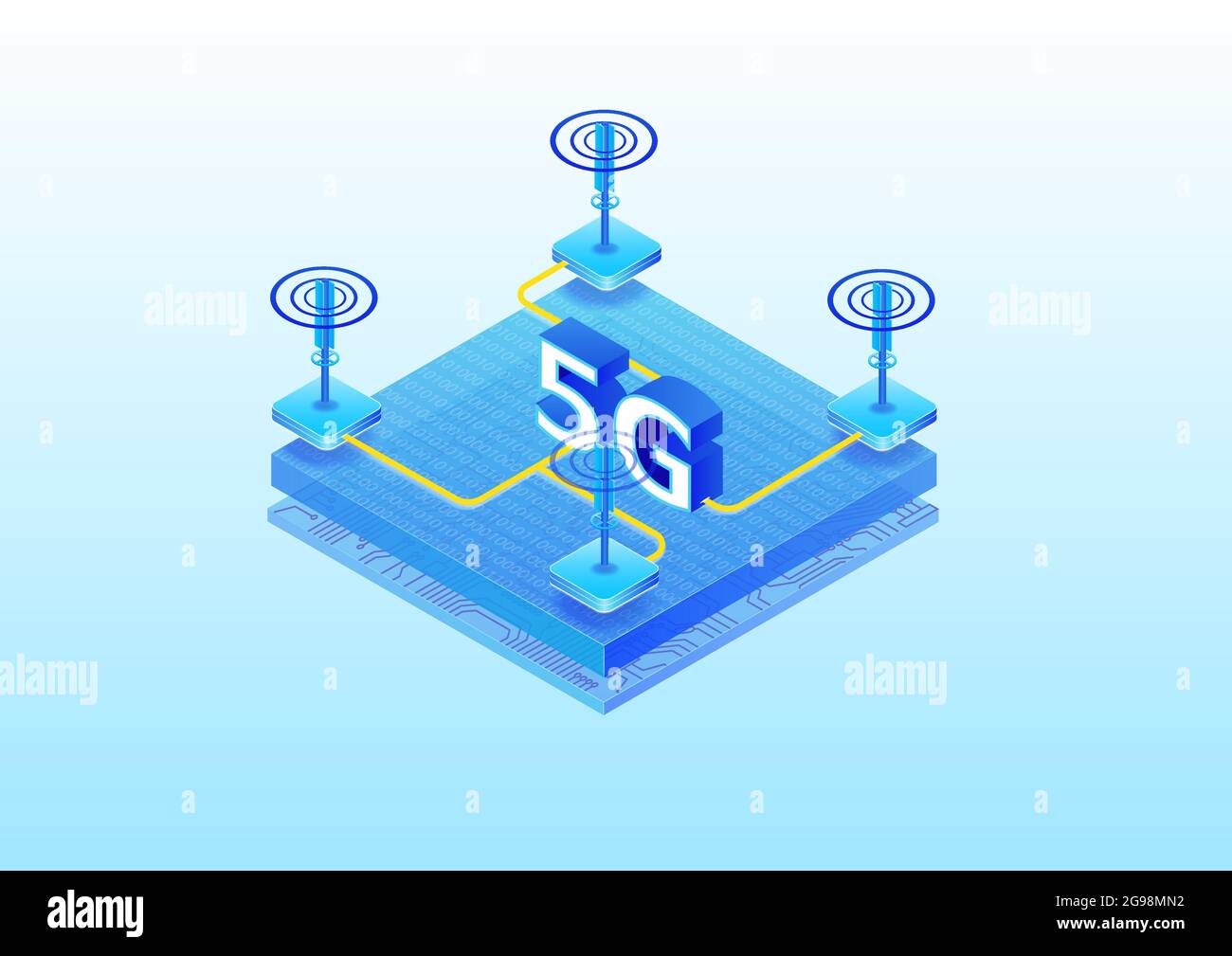 5G modernes Telefonie-Mobilfunkkonzept. Isometrische 3D-Vektordarstellung einer 5G-Infrastruktur. Stock Vektor