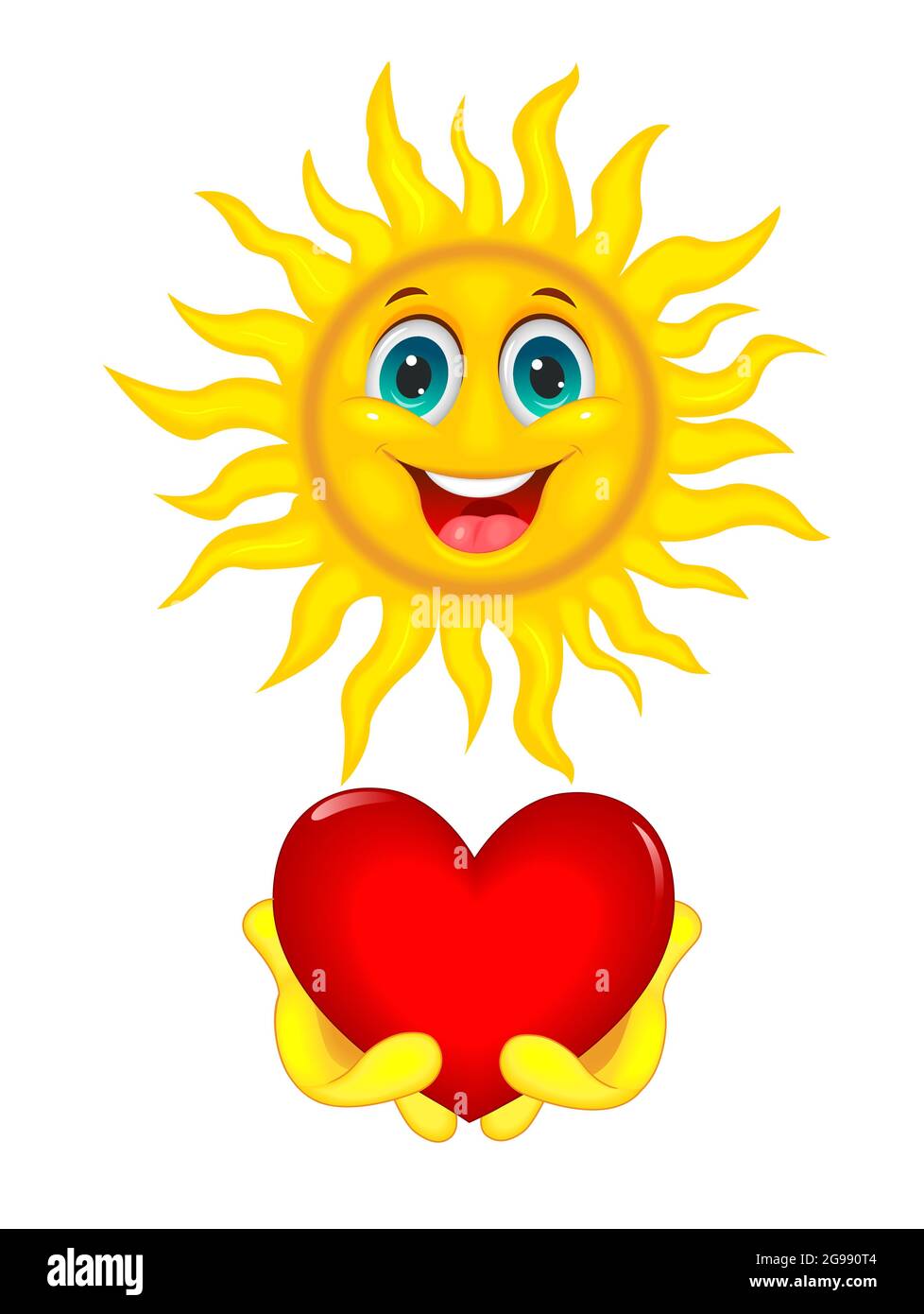 Lächelnde Cartoon-Sonne auf weißem Hintergrund. Die Sonne hält ein rotes Herz in den Händen. Stock Vektor