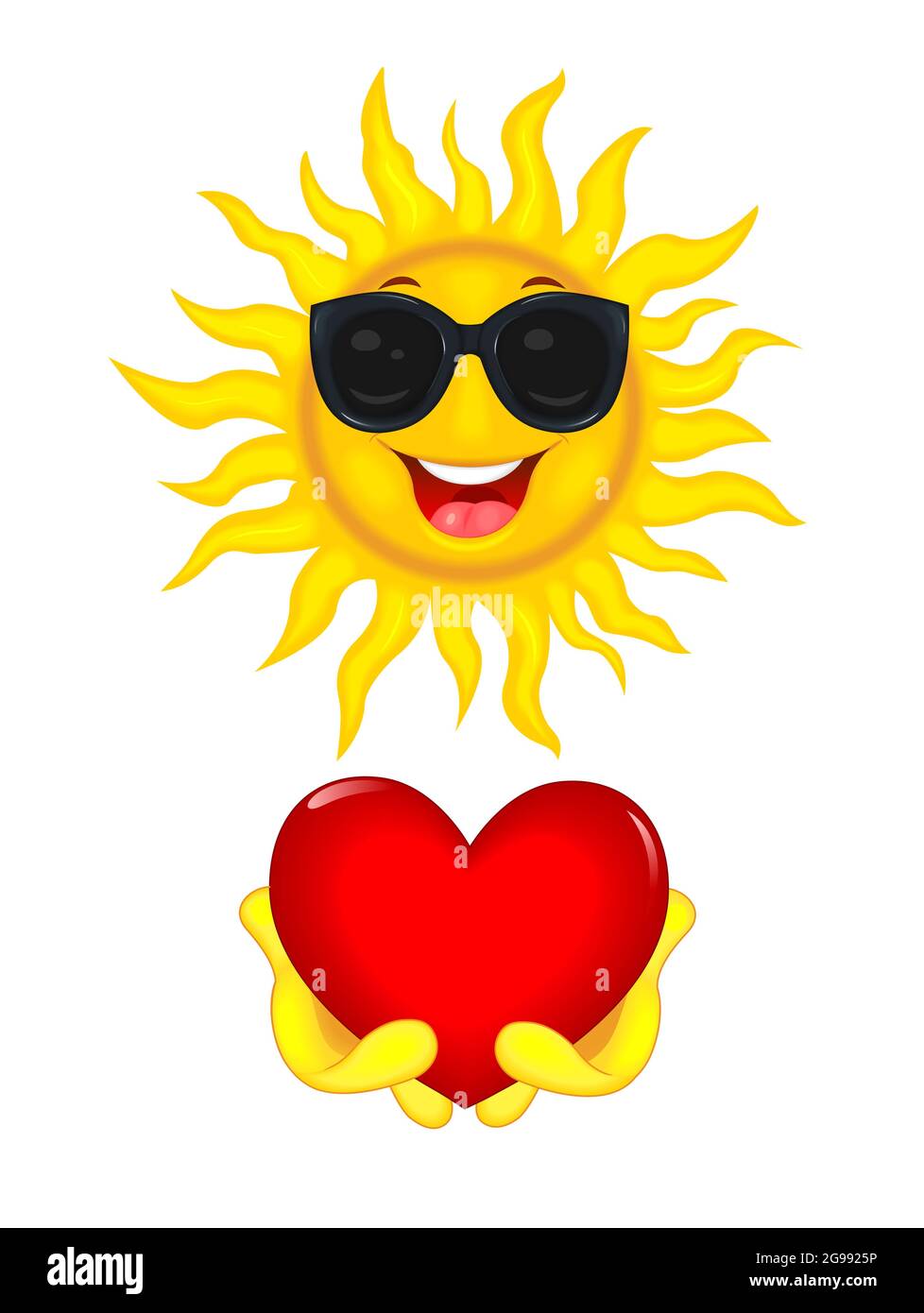 Cartoon fröhliche Sonne in schwarzen Gläsern. Die Sonne hält ein rotes Herz in den Händen. Stock Vektor