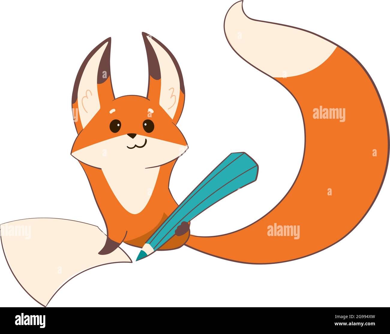 Ein kleiner Fuchs mit einem Bleistift in einer Pfote und einem Blatt Papier  bereitet sich auf das Zeichnen oder Schreiben vor. Niedliches Tier mit  roter Farbe und flauschigem Schwanz. Vektorgrafik für Kinder.