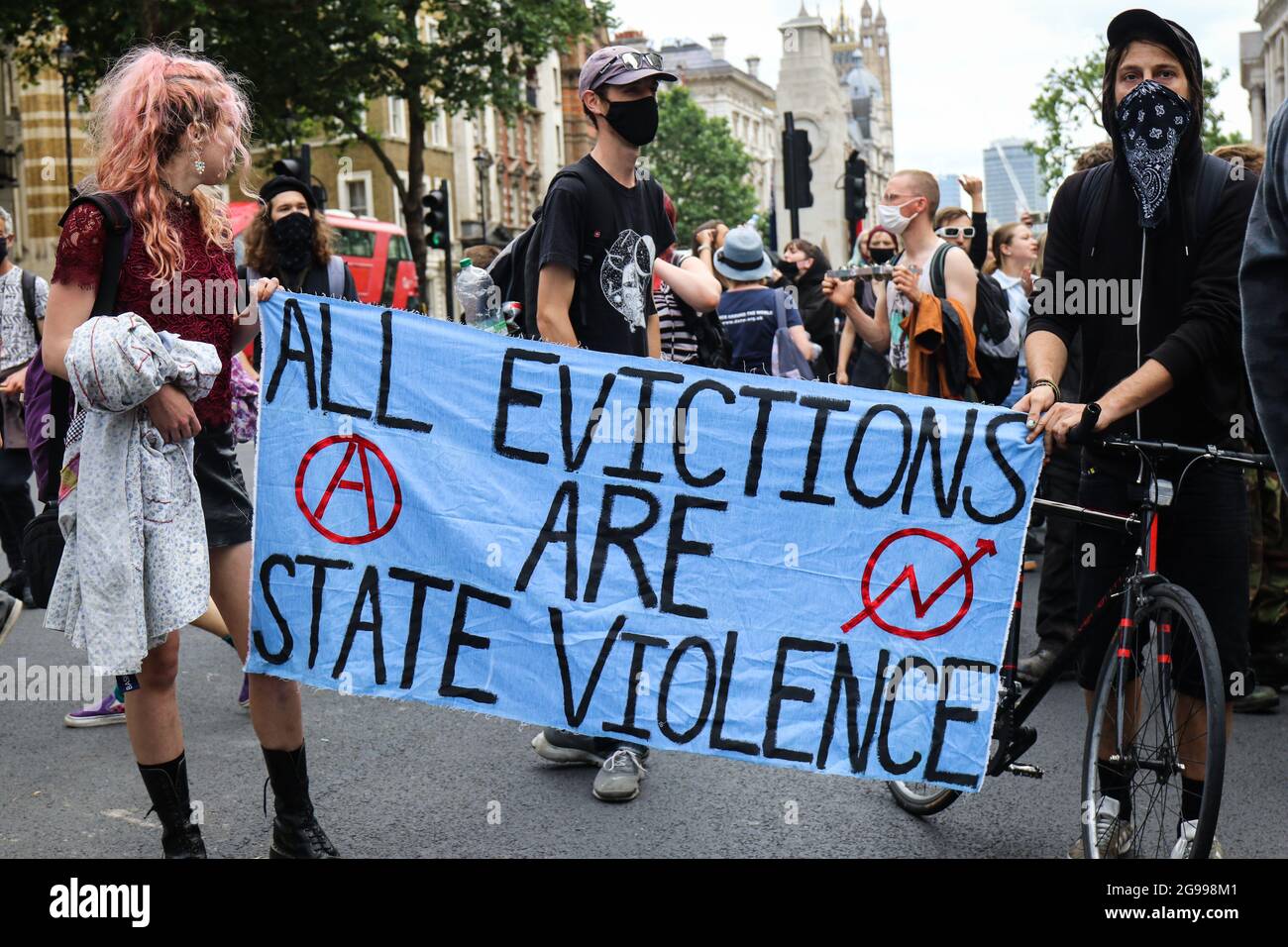 Hausbesetzer Und Reisende Protestieren Gegen Zwangsräumungen Unter Dem New Policing Bill Stockfoto