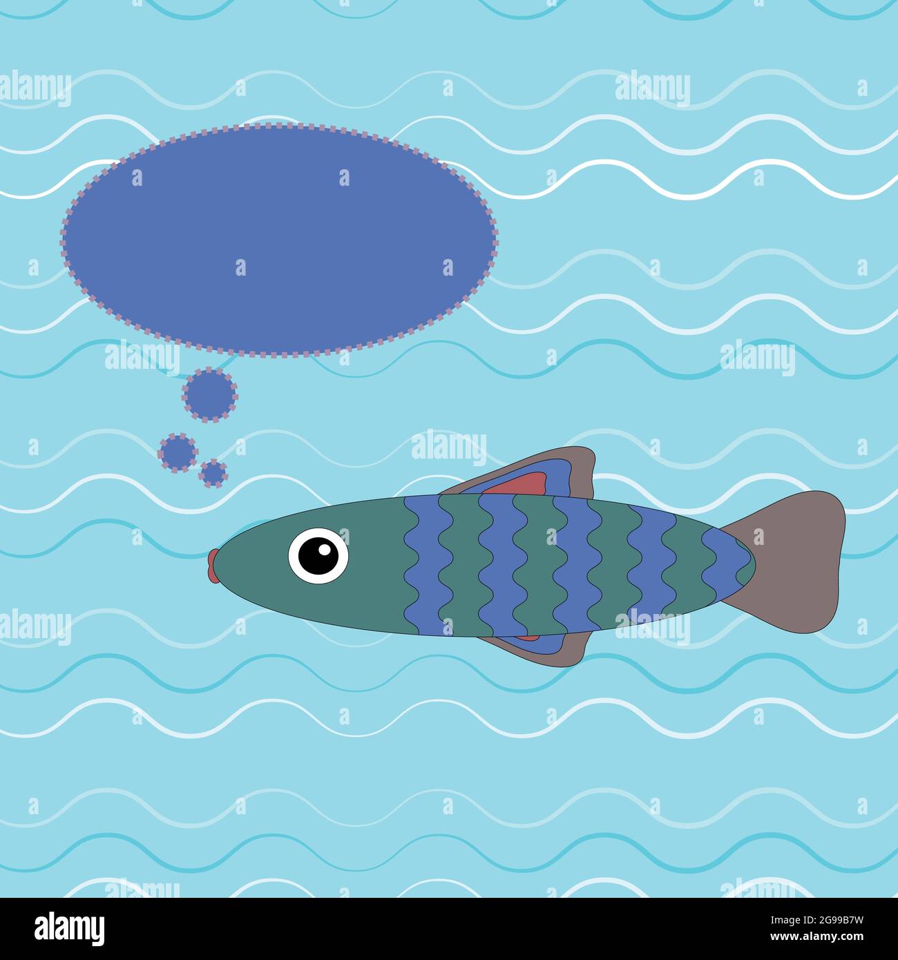 Nette Grafik Cartoon Fisch mit Nachricht vor dem Hintergrund des Meeres. Grußkarte Illustration. Stock Vektor