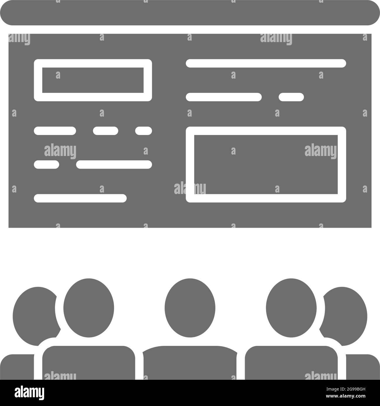 Die Teilnehmer sehen sich die Präsentation auf einem interaktiven grauen Whiteboard-Symbol an. Stock Vektor