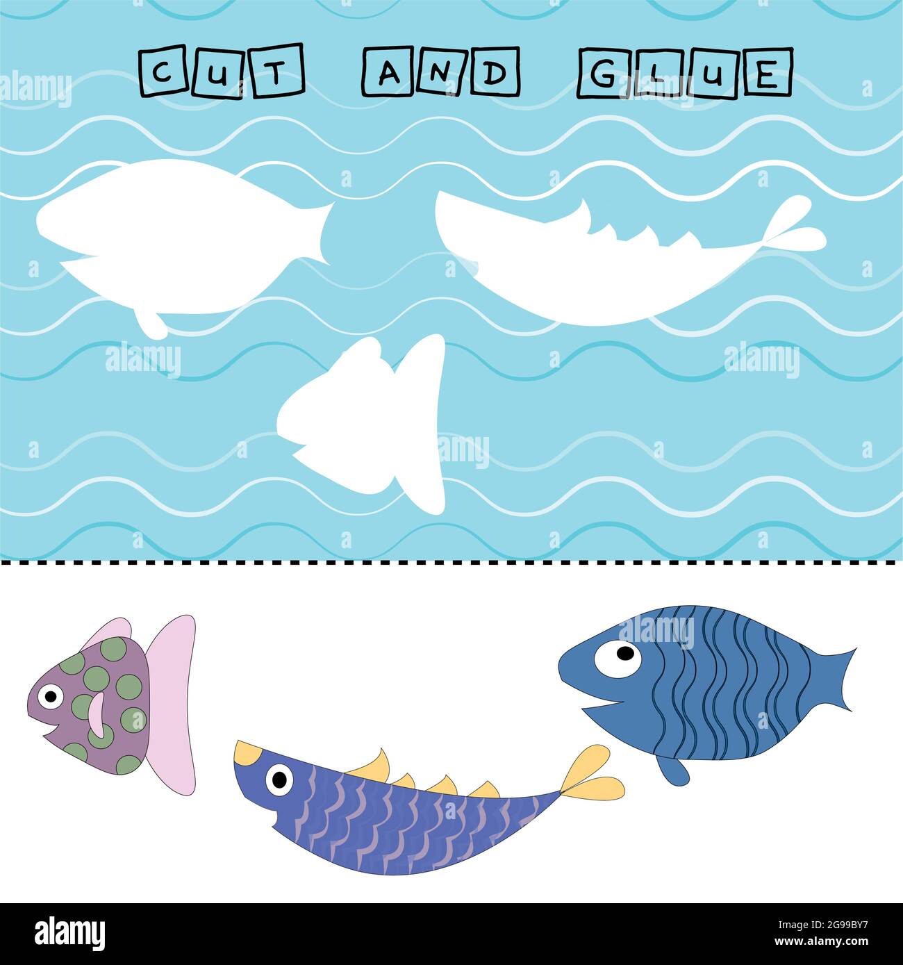 Fische Arbeitsblatt Vektor-Design, ist die Aufgabe zu schneiden und kleben ein Stück auf bunte niedliche Fische . Logikspiel für Kinder. Stock Vektor