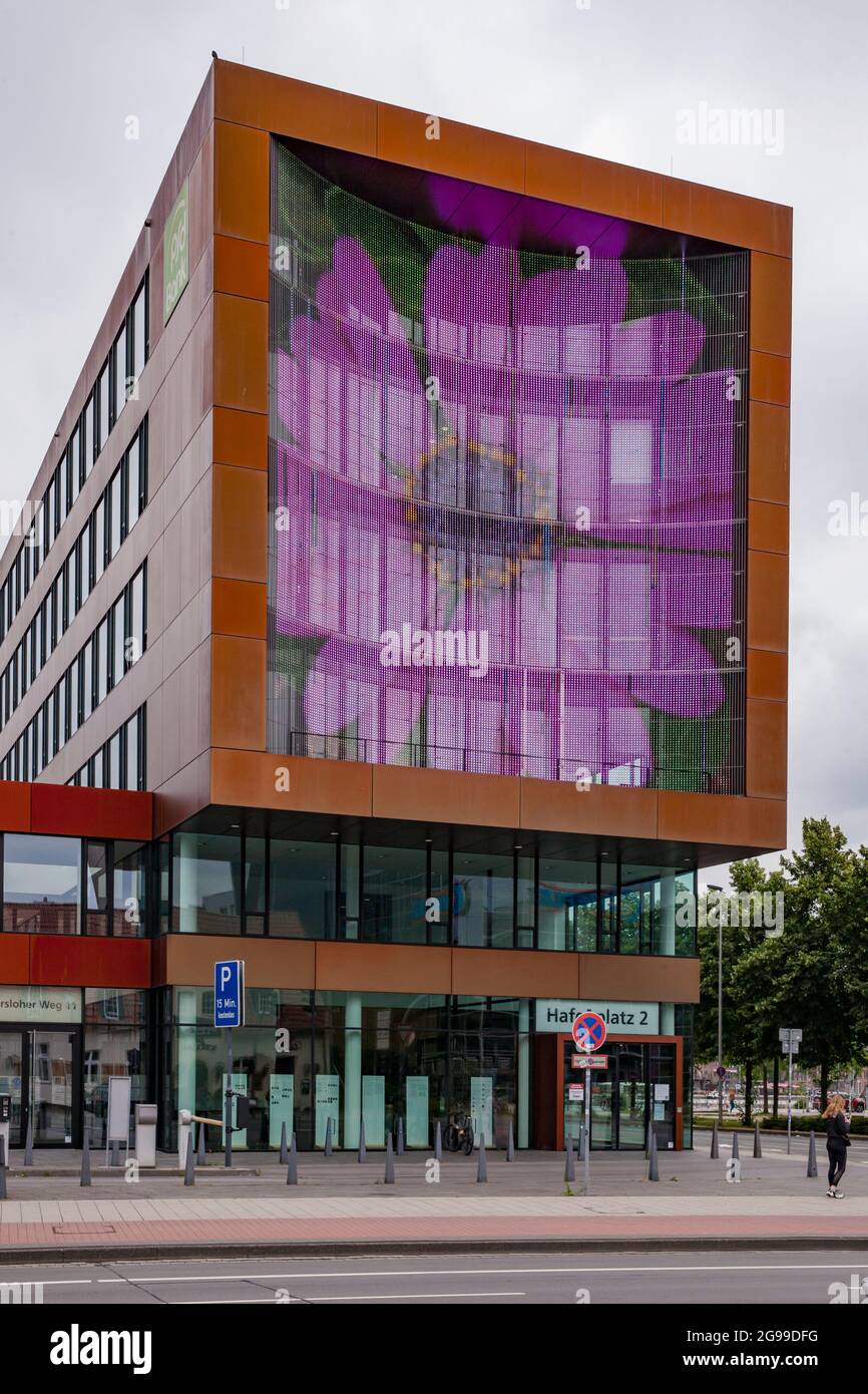 Medienfassade der PSD Bank Westfalen-Lippe am Hafenplatz dienen 220.000 LEDs als Großleinwand, Münster, Nordrhein-Westfalen, Deutschland. Medienfassade Stockfoto
