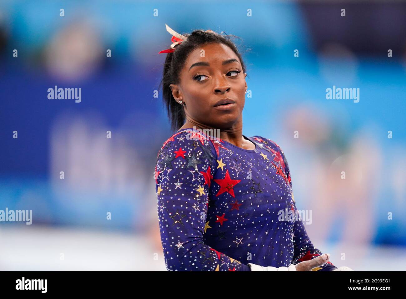 Tokio, Japan. Juli 2021. Simone Biles (USA) Gymnastik - künstlerisch: Qualifikation der Frauen während der Olympischen Spiele 2020 in Tokio im Ariake Gymnastik Center in Tokio, Japan. Quelle: Kohei Maruyama/AFLO/Alamy Live News Stockfoto