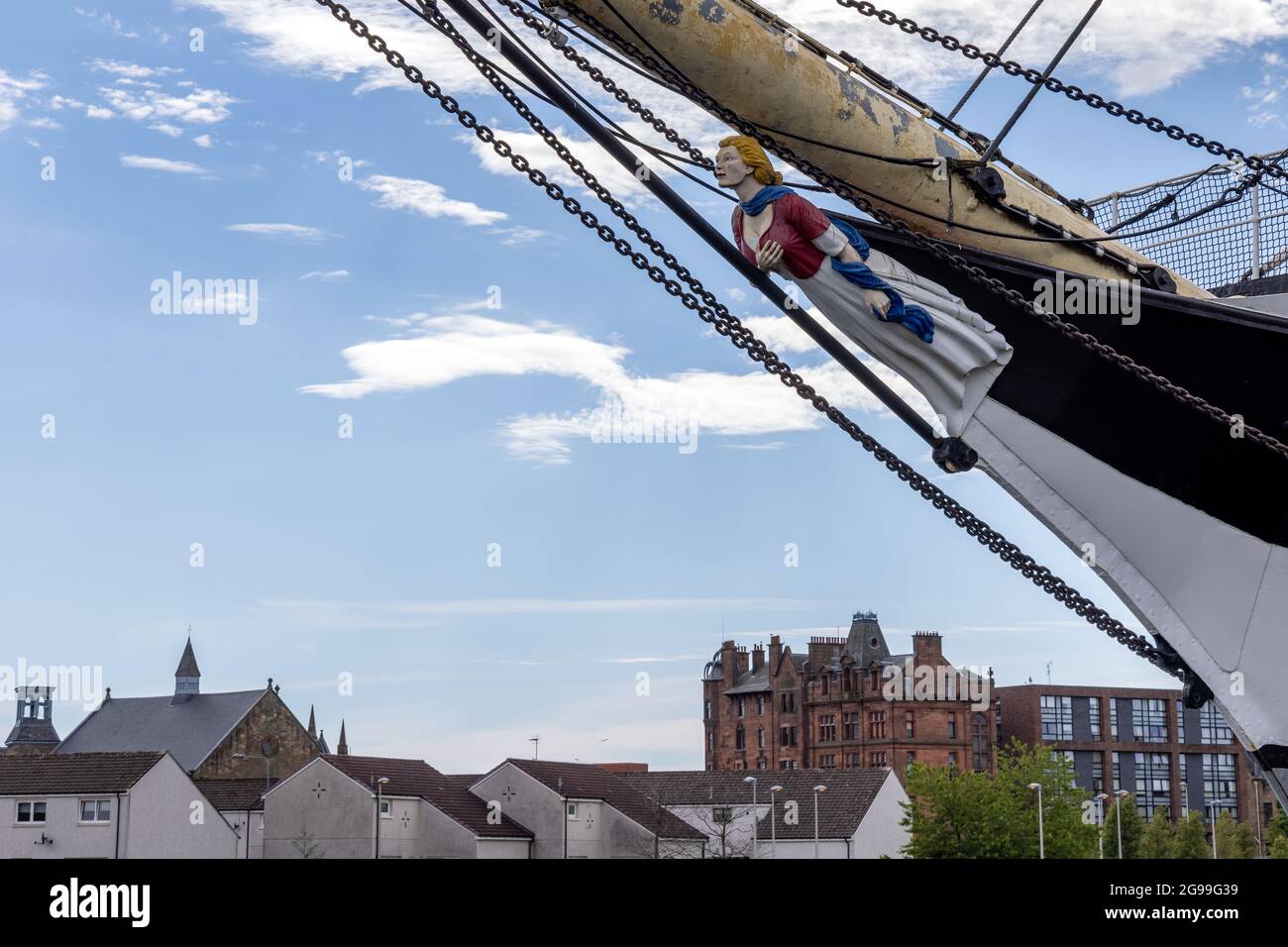 Galionsfigur des Tall Ship 'Glenlee' vor dem Riverside Museum (Neubau des Glasgow Museum of Transport), Glasgow, Schottland, Großbritannien Stockfoto